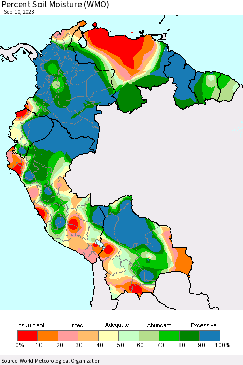 Northern South America Percent Soil Moisture (WMO) Thematic Map For 9/4/2023 - 9/10/2023
