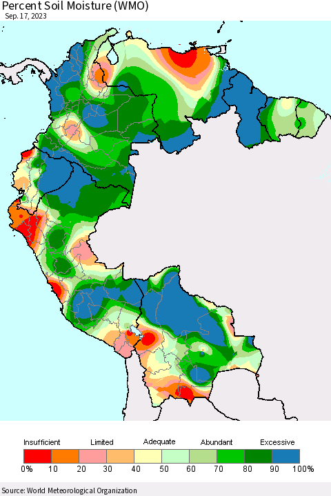 Northern South America Percent Soil Moisture (WMO) Thematic Map For 9/11/2023 - 9/17/2023