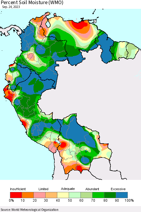 Northern South America Percent Soil Moisture (WMO) Thematic Map For 9/18/2023 - 9/24/2023