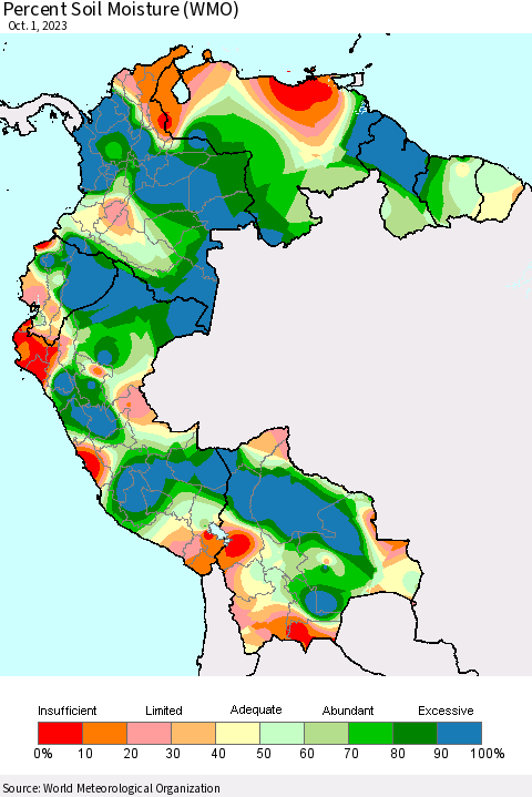 Northern South America Percent Soil Moisture (WMO) Thematic Map For 9/25/2023 - 10/1/2023