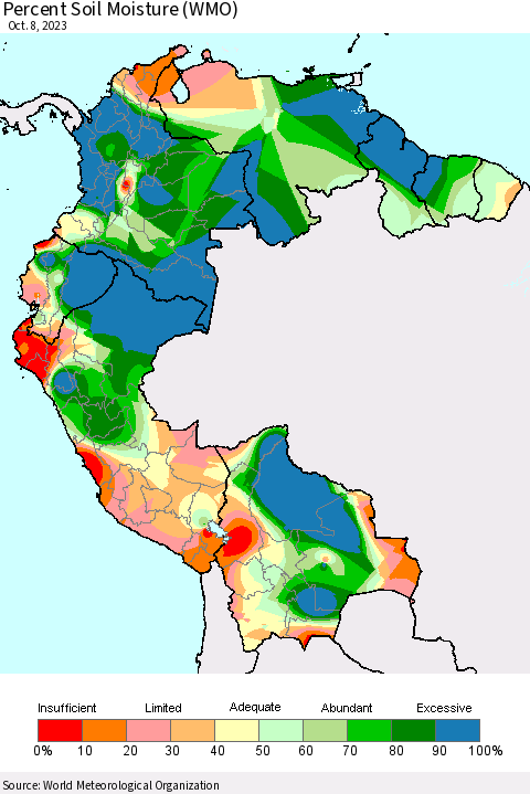 Northern South America Percent Soil Moisture (WMO) Thematic Map For 10/2/2023 - 10/8/2023