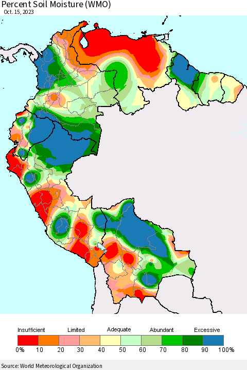 Northern South America Percent Soil Moisture (WMO) Thematic Map For 10/9/2023 - 10/15/2023