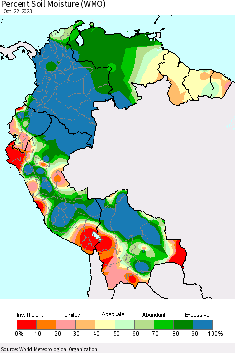 Northern South America Percent Soil Moisture (WMO) Thematic Map For 10/16/2023 - 10/22/2023
