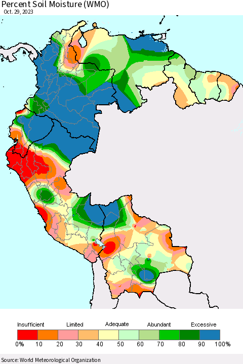 Northern South America Percent Soil Moisture (WMO) Thematic Map For 10/23/2023 - 10/29/2023