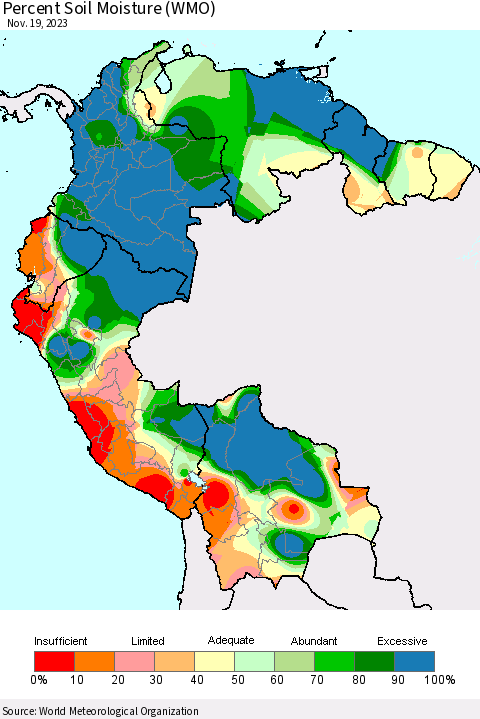 Northern South America Percent Soil Moisture (WMO) Thematic Map For 11/13/2023 - 11/19/2023