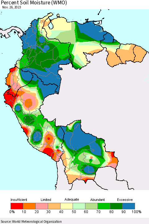 Northern South America Percent Soil Moisture (WMO) Thematic Map For 11/20/2023 - 11/26/2023