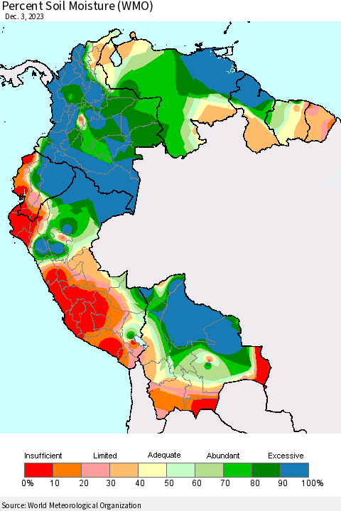 Northern South America Percent Soil Moisture (WMO) Thematic Map For 11/27/2023 - 12/3/2023