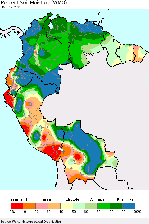 Northern South America Percent Soil Moisture (WMO) Thematic Map For 12/11/2023 - 12/17/2023