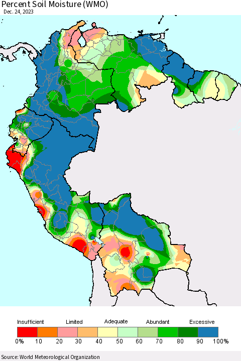 Northern South America Percent Soil Moisture (WMO) Thematic Map For 12/18/2023 - 12/24/2023