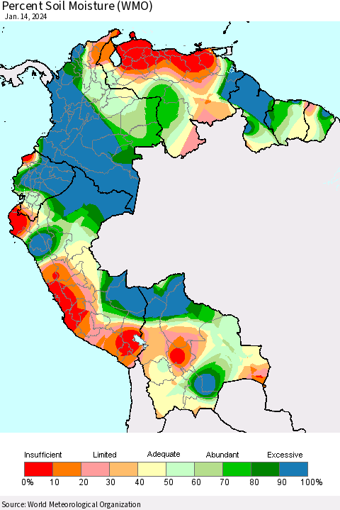Northern South America Percent Soil Moisture (WMO) Thematic Map For 1/8/2024 - 1/14/2024