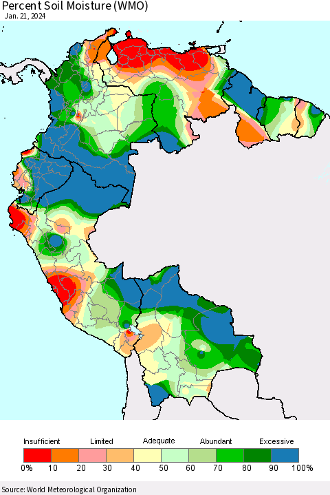 Northern South America Percent Soil Moisture (WMO) Thematic Map For 1/15/2024 - 1/21/2024