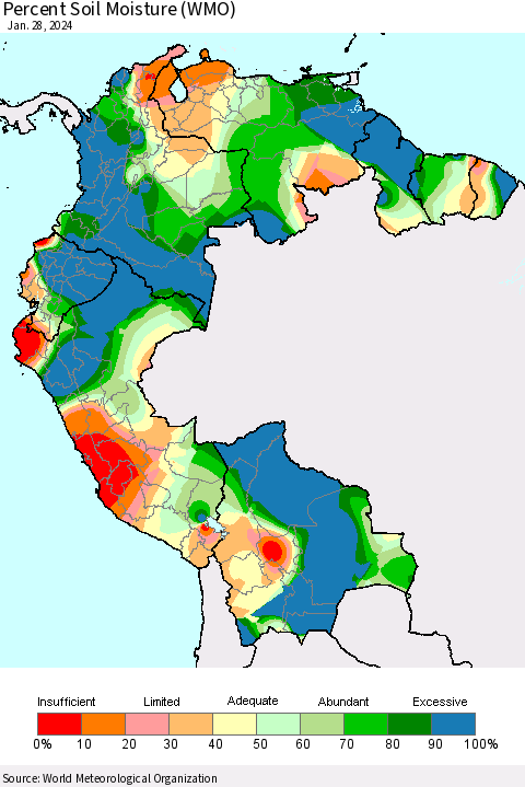 Northern South America Percent Soil Moisture (WMO) Thematic Map For 1/22/2024 - 1/28/2024