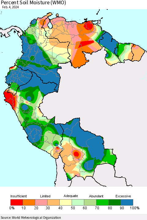 Northern South America Percent Soil Moisture (WMO) Thematic Map For 1/29/2024 - 2/4/2024