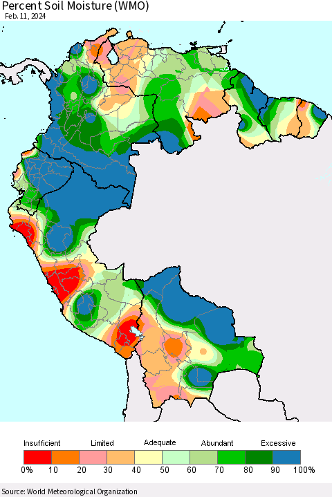 Northern South America Percent Soil Moisture (WMO) Thematic Map For 2/5/2024 - 2/11/2024
