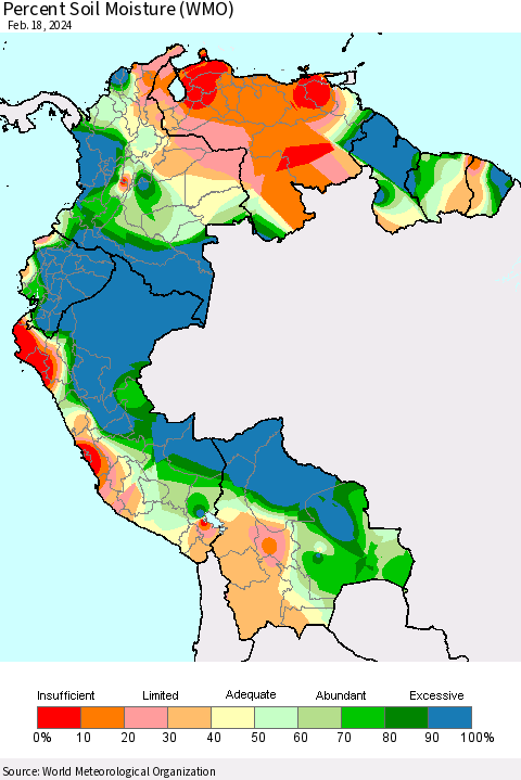 Northern South America Percent Soil Moisture (WMO) Thematic Map For 2/12/2024 - 2/18/2024