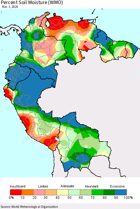 Northern South America Percent Soil Moisture (WMO) Thematic Map For 2/26/2024 - 3/3/2024