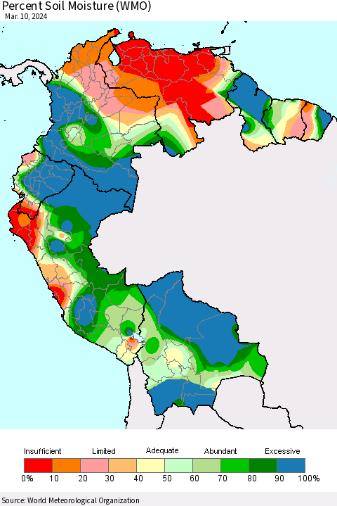 Northern South America Percent Soil Moisture (WMO) Thematic Map For 3/4/2024 - 3/10/2024
