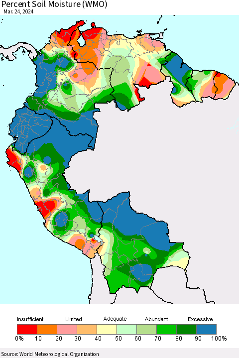 Northern South America Percent Soil Moisture (WMO) Thematic Map For 3/18/2024 - 3/24/2024