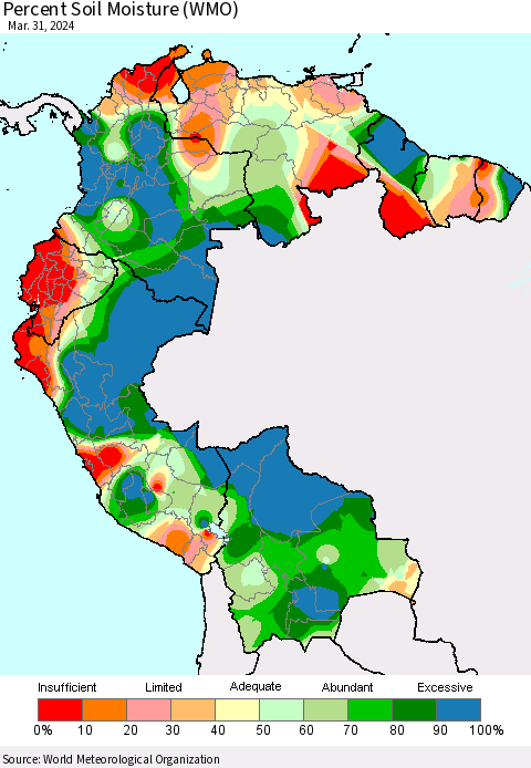 Northern South America Percent Soil Moisture (WMO) Thematic Map For 3/25/2024 - 3/31/2024