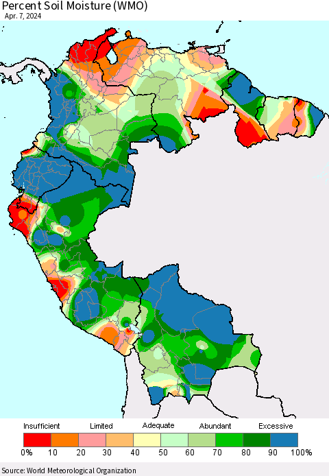 Northern South America Percent Soil Moisture (WMO) Thematic Map For 4/1/2024 - 4/7/2024