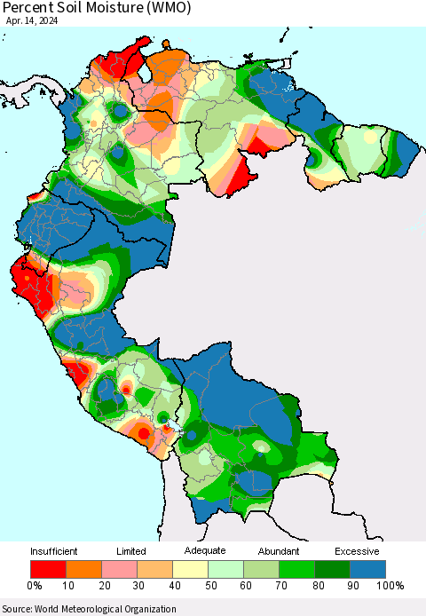 Northern South America Percent Soil Moisture (WMO) Thematic Map For 4/8/2024 - 4/14/2024