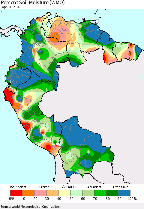 Northern South America Percent Soil Moisture (WMO) Thematic Map For 4/15/2024 - 4/21/2024