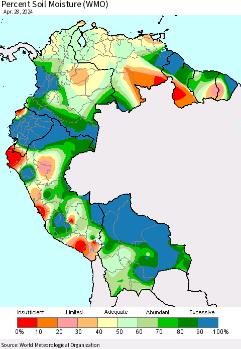 Northern South America Percent Soil Moisture (WMO) Thematic Map For 4/22/2024 - 4/28/2024