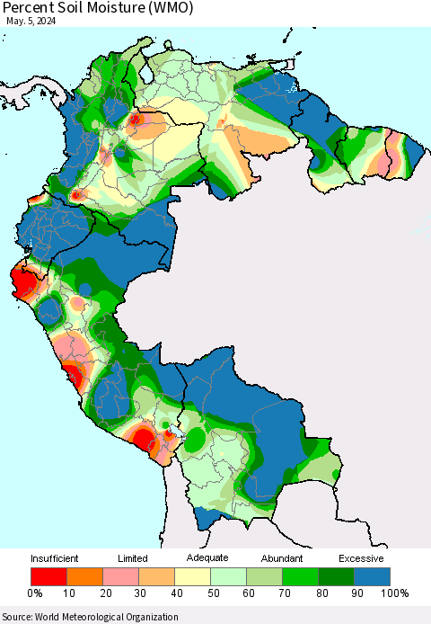 Northern South America Percent Soil Moisture (WMO) Thematic Map For 4/29/2024 - 5/5/2024