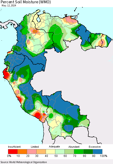 Northern South America Percent Soil Moisture (WMO) Thematic Map For 5/6/2024 - 5/12/2024