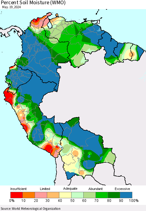 Northern South America Percent Soil Moisture (WMO) Thematic Map For 5/13/2024 - 5/19/2024