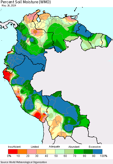 Northern South America Percent Soil Moisture (WMO) Thematic Map For 5/20/2024 - 5/26/2024