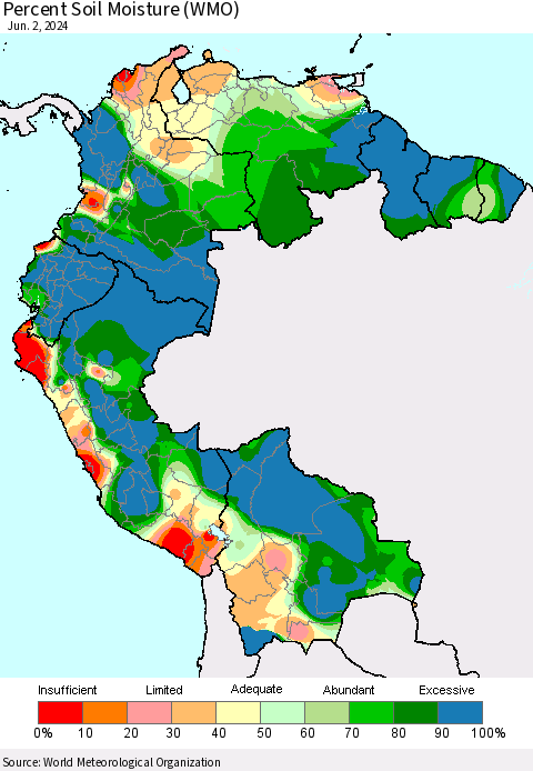 Northern South America Percent Soil Moisture (WMO) Thematic Map For 5/27/2024 - 6/2/2024