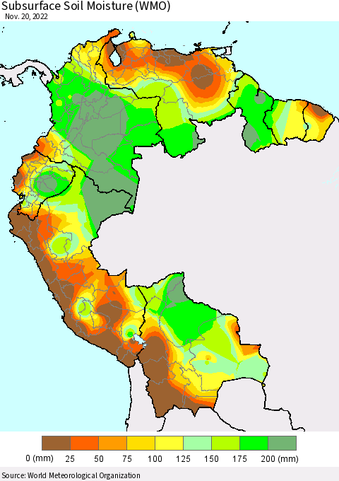 Northern South America Subsurface Soil Moisture (WMO) Thematic Map For 11/16/2022 - 11/20/2022