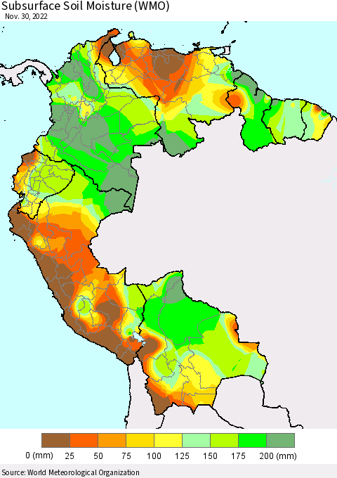 Northern South America Subsurface Soil Moisture (WMO) Thematic Map For 11/26/2022 - 11/30/2022