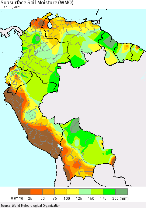 Northern South America Subsurface Soil Moisture (WMO) Thematic Map For 1/26/2023 - 1/31/2023