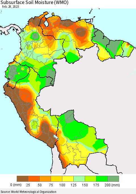 Northern South America Subsurface Soil Moisture (WMO) Thematic Map For 2/26/2023 - 2/28/2023