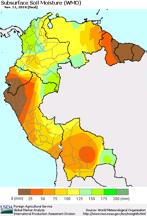 Northern South America Subsurface Soil Moisture (WMO) Thematic Map For 11/5/2018 - 11/11/2018