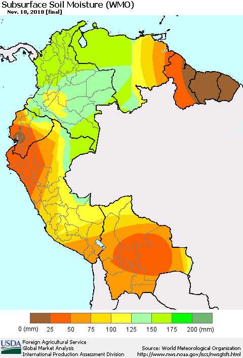 Northern South America Subsurface Soil Moisture (WMO) Thematic Map For 11/12/2018 - 11/18/2018
