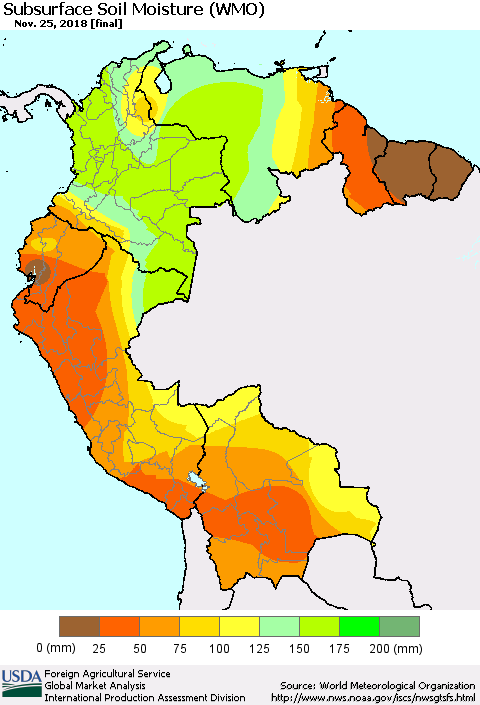 Northern South America Subsurface Soil Moisture (WMO) Thematic Map For 11/19/2018 - 11/25/2018