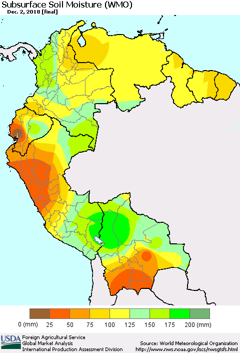 Northern South America Subsurface Soil Moisture (WMO) Thematic Map For 11/26/2018 - 12/2/2018