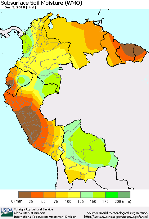 Northern South America Subsurface Soil Moisture (WMO) Thematic Map For 12/3/2018 - 12/9/2018