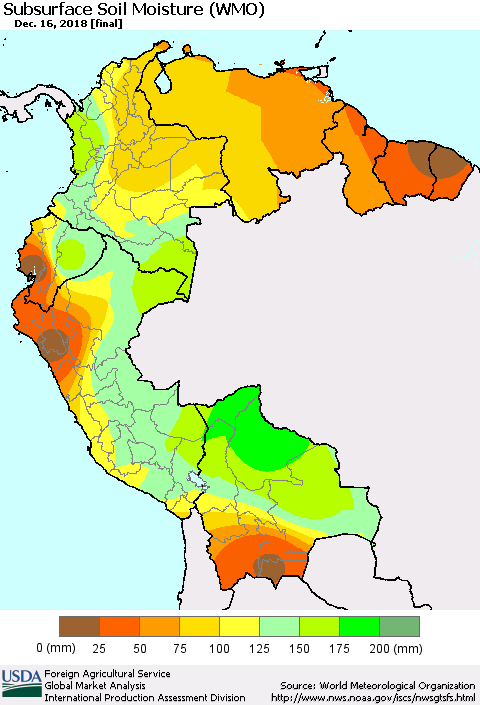 Northern South America Subsurface Soil Moisture (WMO) Thematic Map For 12/10/2018 - 12/16/2018