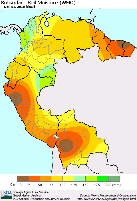 Northern South America Subsurface Soil Moisture (WMO) Thematic Map For 12/17/2018 - 12/23/2018
