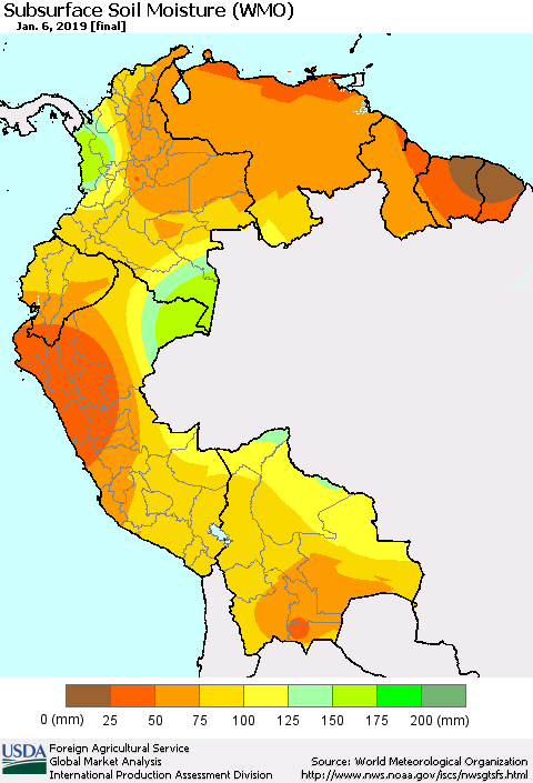 Northern South America Subsurface Soil Moisture (WMO) Thematic Map For 12/31/2018 - 1/6/2019
