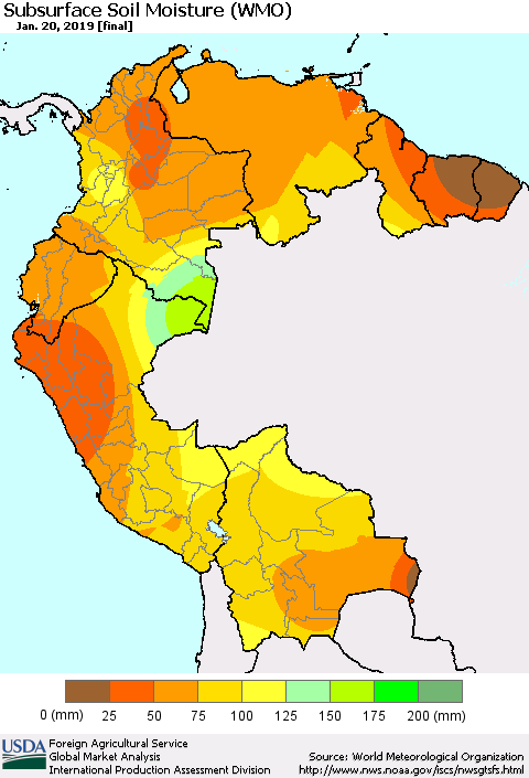 Northern South America Subsurface Soil Moisture (WMO) Thematic Map For 1/14/2019 - 1/20/2019