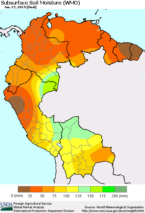 Northern South America Subsurface Soil Moisture (WMO) Thematic Map For 1/21/2019 - 1/27/2019