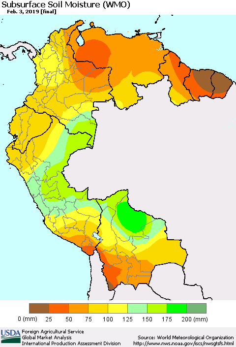 Northern South America Subsurface Soil Moisture (WMO) Thematic Map For 1/28/2019 - 2/3/2019
