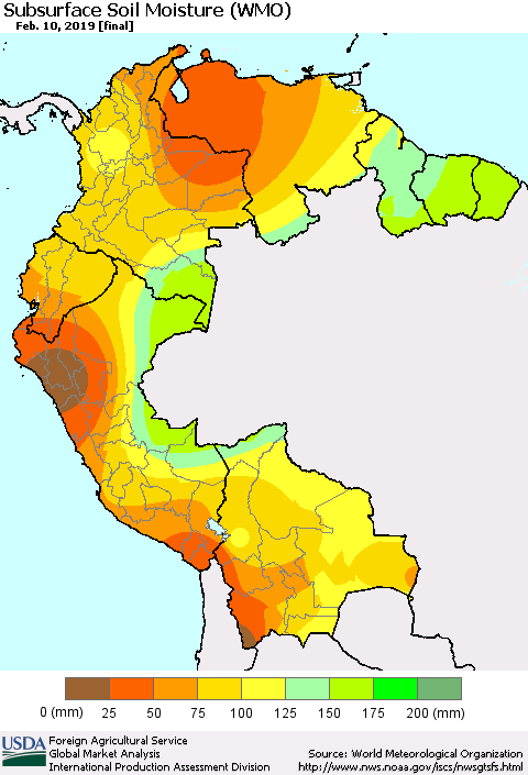 Northern South America Subsurface Soil Moisture (WMO) Thematic Map For 2/4/2019 - 2/10/2019