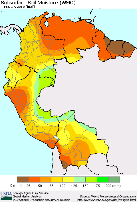 Northern South America Subsurface Soil Moisture (WMO) Thematic Map For 2/11/2019 - 2/17/2019