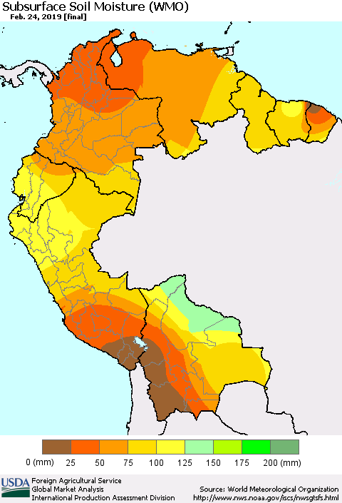 Northern South America Subsurface Soil Moisture (WMO) Thematic Map For 2/18/2019 - 2/24/2019